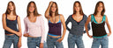 Five women standing side by side against a white background, each wearing a different sleeveless or long-sleeve tank top with jeans. The tops include dark navy with white polka dots, light pink with white polka dots, dark purple with a blue underlayer, black and white stripes, and dark brown with teal trim.