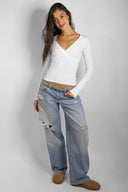 Ruched v-neck long sleeve top