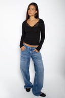 Lace trim square neck long sleeve top